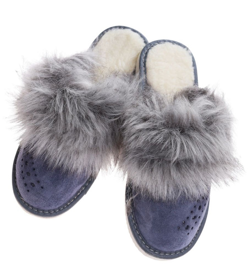 Skórzane ocieplane kapcie damskie Granatowe /C1-1 9942 S197/