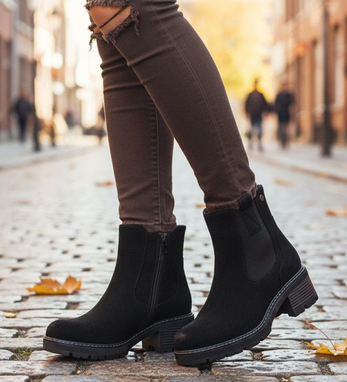 Zimowe botki damskie na obcasie klocku /A10-1 18525 T388/