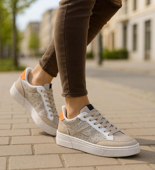 Trampki damskie sznurowane beżowo pomarańczowe /J5-4 H2 18475 W16-6/