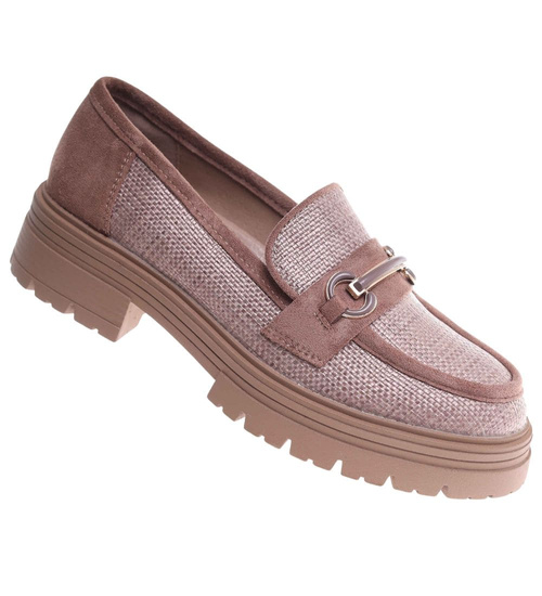 Półbuty loafersy damskie na platformie Khaki /K3-2 18619 W142/