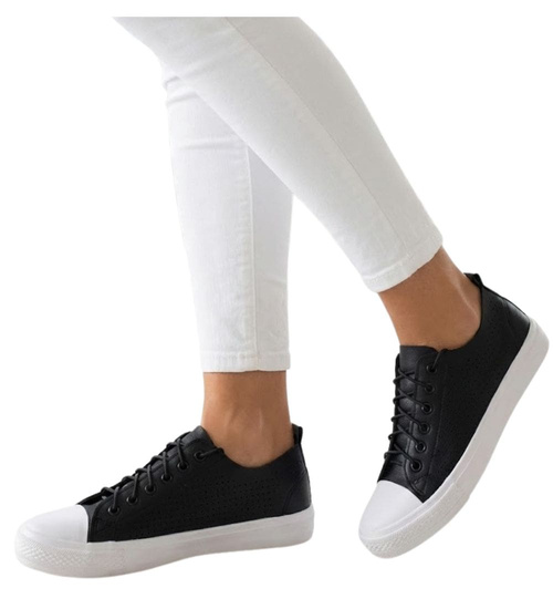 Sznurowane ażurowe czarne trampki damskie /C7-3 12312 S191/