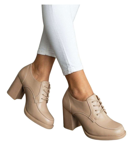 Sznurowane beżowe czółenka na słupku /C7-3 18667 T359/