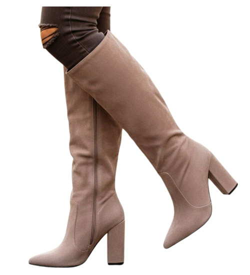 Beżowe klasyczne kozaki na obcasie /C4-1 18585 G599/