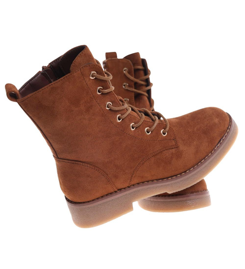Karmelowe wiązane botki trapery zamszowe /E3-1 18388 W485/