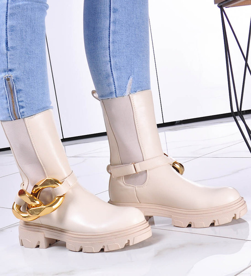 Beżowe botki sztyblety z łańcuchem /A3-3 12254 S798/