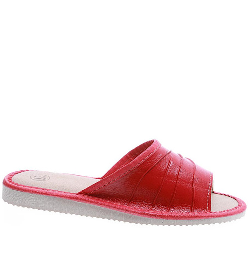 Marszczone klapki domowe z naturalnej skóry Bordowe /B1-1 4828 S177/