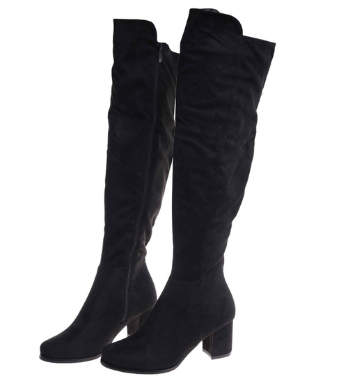 Czarne ocieplane kozaki muszkieterki na obcasie /B3-2 18435 T6/