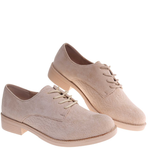 Beżowe baleriny damskie zamszowe oxfordy /J4-2 18621 W177/