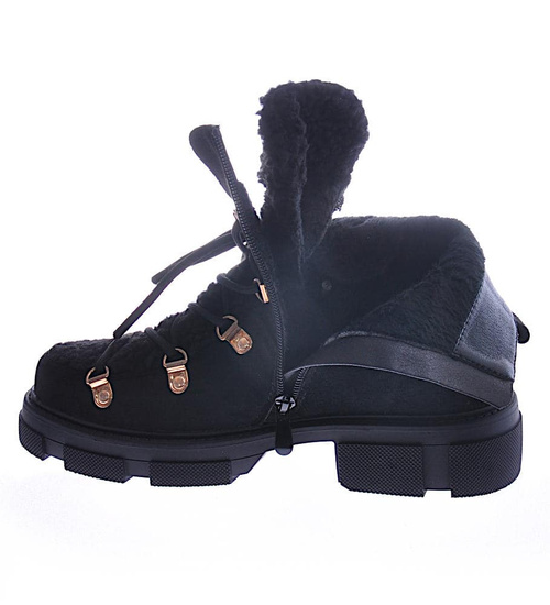 Wysokie botki sztyblety z obszytym kożuszkiem Czarne /G7-3 12599 T916/