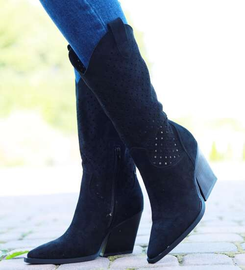 Ażurowe czarne kowbojki na słupku /C3-2 14913 T834/ Ażurowe czarne kowbojki na słupku /C3-2 14913 T834/