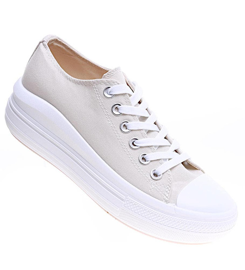 Beżowe wiązane damskie trampki na platformie /A1-3 15904 G158/