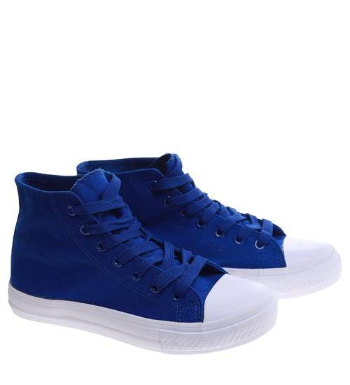 Klasyczne niebiesko białe trampki damskie z wysoką cholewką /G1-1 16734 G9-84/