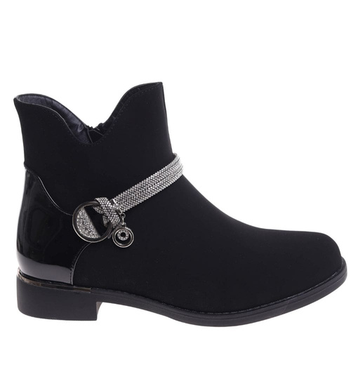 Czarne botki damskie ocieplane z ozdobą /F2-2 18417 W4/