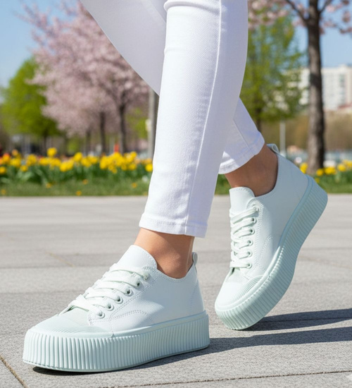 Seledynowe sznurowane trampki na platformie /G8-3 12271 S396/