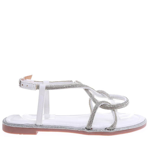 Białe płaskie sandały z cyrkoniami /E6-2 16380 G079/