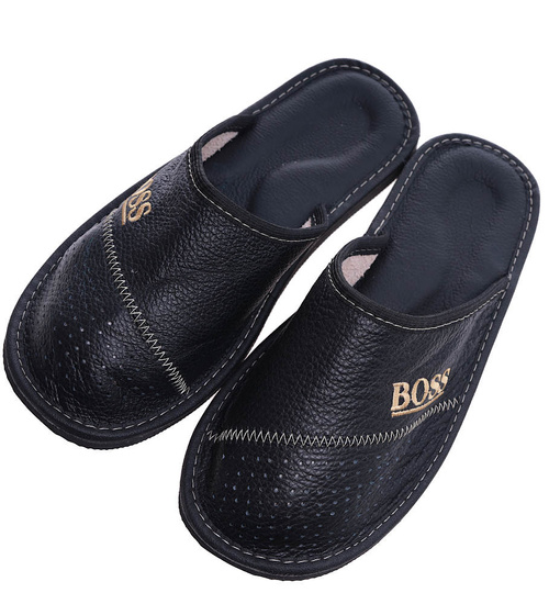 Skórzane kryte klapki domowe Czarne /E9-1 14299 S290/