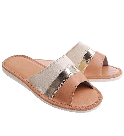 Kapcie damskie Brązowe domowe klapki skórzane /B4-1 10935 S194/