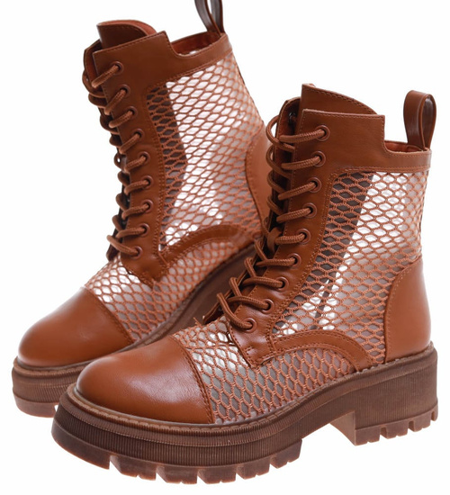 Brązowe ażurowe botki trapery na platformie /16770 F1-1 G381 +h2/