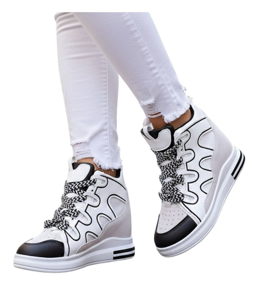 Sznurowane biało czarne trampki sneakersy na koturnie /F9-2 15779 D430/