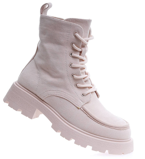 Wiązane damskie beżowe botki trapery /E4-3 15182 T428/