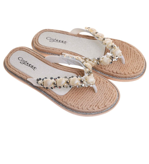 Białe plażowe damskie klapki japonki z muszelkami /C7-2 17877 T088/