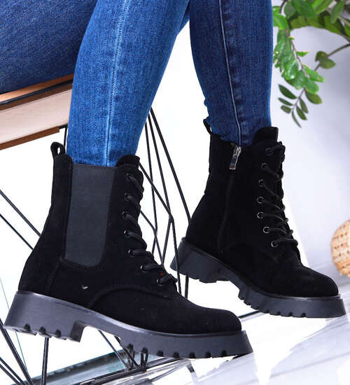 Sznurowane czarne damskie botki sztyblety /D7-2 15365 S355/ Sznurowane czarne damskie botki sztyblety /D7-2 15365 S355/