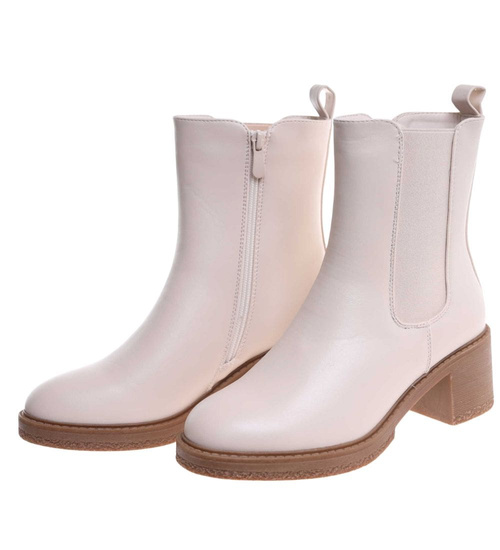 Beżowe botki damskie na grubym obcasie /J6-3 h2 18396 W3/