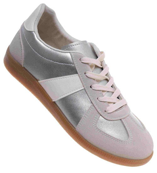 Beżowo srebrne sznurowane sneakersy /G8-1 18727 T177/
