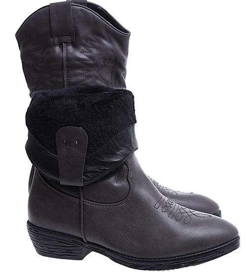 Damskie szare kowbojki ocieplane na niskim obcasie /B6-3 15314 S296/