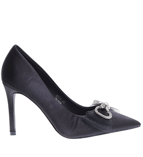 Czarne atłasowe szpilki damskie z kokardą /E1-3 15417  T291/