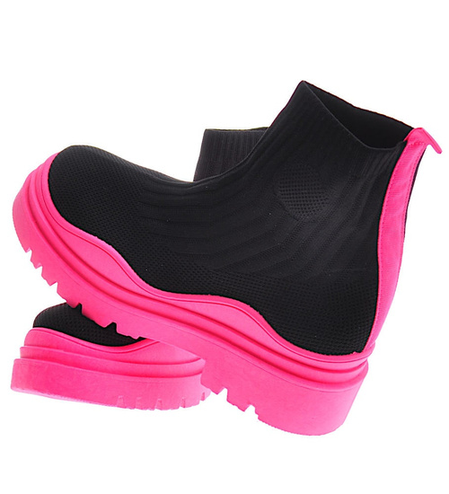 Damskie botki na grubej podeszwie Black/Fushia /D5-2 10757 T695/