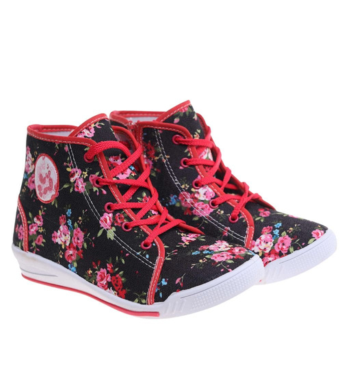 Wysokie dziewczęce trampki w kwiatki czarno-czerwone /A2-3 7544 S089/