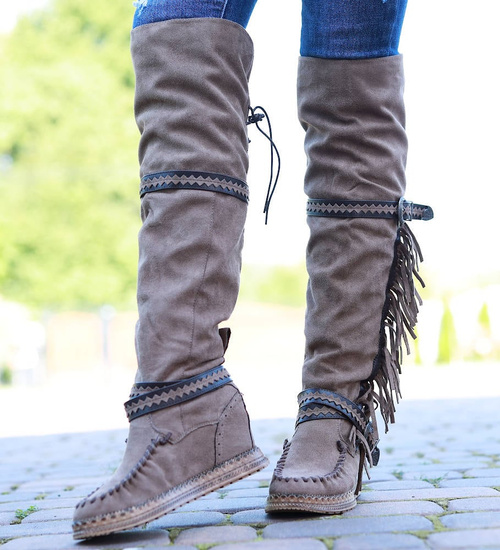 Wysokie kozaki boho na ukrytym koturnie Khaki /D2-1 14926  T239/