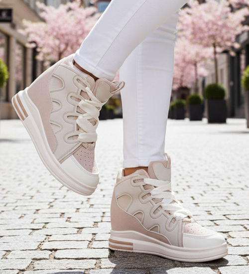 Sznurowane ciemno beżowe trampki sneakersy na niskim koturnie /D8-3 15777 D430/