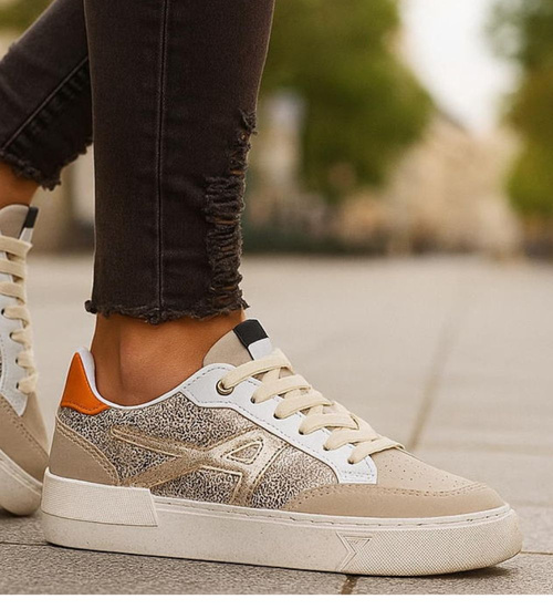 Trampki damskie sznurowane beżowo pomarańczowe /J5-4 H2 18475 W16-6/