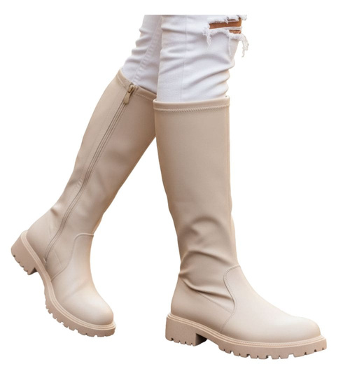 Beżowe kozaki damskie z suwakiem /D8-3 18134 T397/