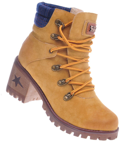 Ocieplane żółte damskie botki na klocku /C7-2 12932 S446/