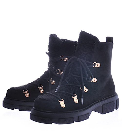 Wysokie botki sztyblety z obszytym kożuszkiem Czarne /G7-3 12599 T916/