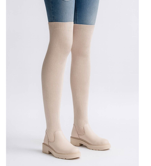 Wysokie kozaki lekko ocieplane elastyczne Beżowe /G4-1 18072 T380/