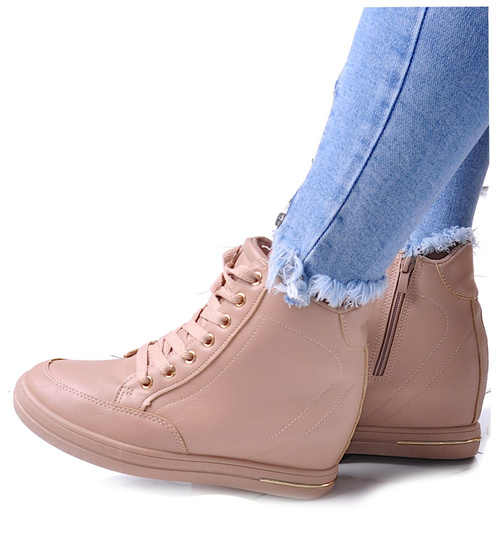 Beżowe sneakersy damskie na koturnie /B6-2 12824 T796/