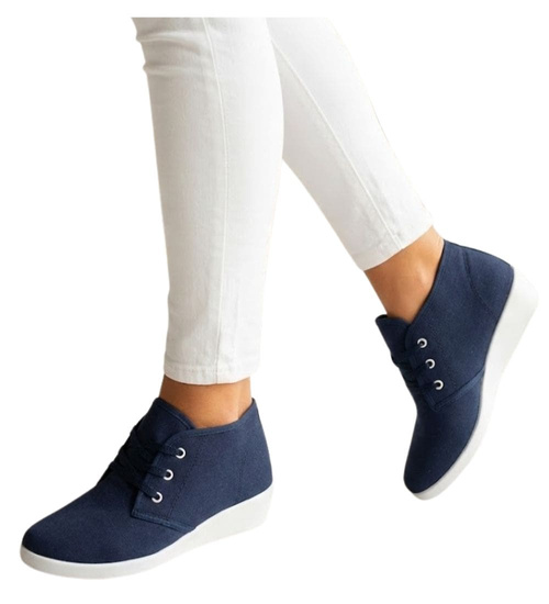 Sznurowane granatowe trampki na niskim koturnie /C6-3 11148 S193/