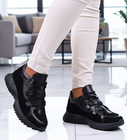 Czarne skórzane damskie buty sportowe /G12-2 13604 N197/