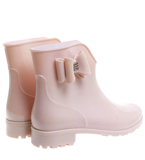 Beżowe krótkie kalosze damskie z kokardą ost399