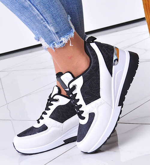 Biało czarne trampki sneakersy na niskim koturnie /E5-3 12522 T498/