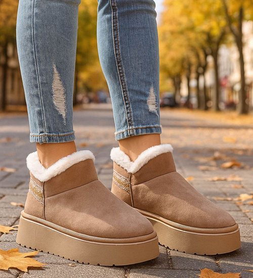 Krótkie kozaki śniegowce beżowe ocieplane /D8-1 18421  T266/