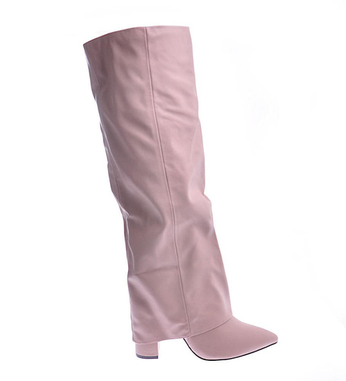 Modne bezowe kozaki damskie na obcasie /C5-2 12482 T1390/