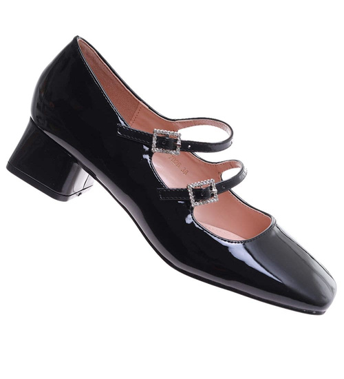 Czarne czółenka z paskiem na niskim obcasie /F9-1 17514  W182/