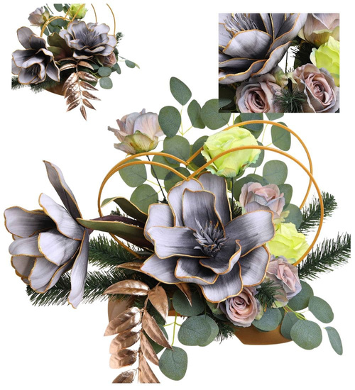 Duży stroik Szaro złote kwiaty KOMP147 M700