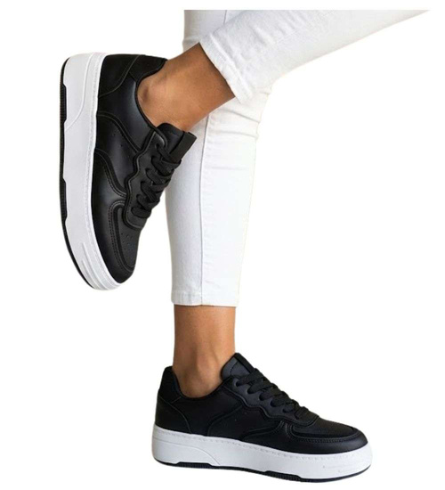 Czarne sznurowane damskie trampki na platformie /F4-2 15781 T232/