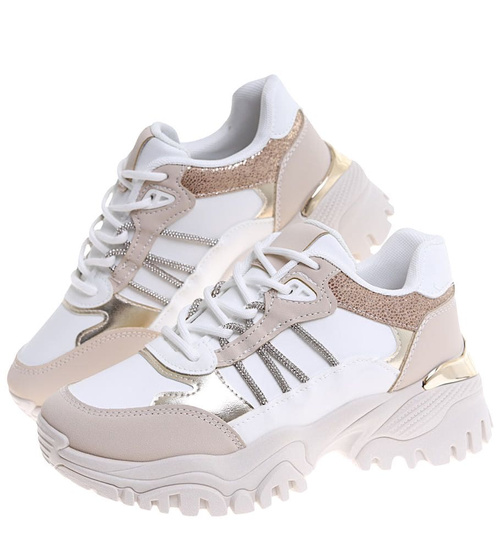 Sznurowane biało beżowe buty sportowe na platformie /G8-2 16805 T683/